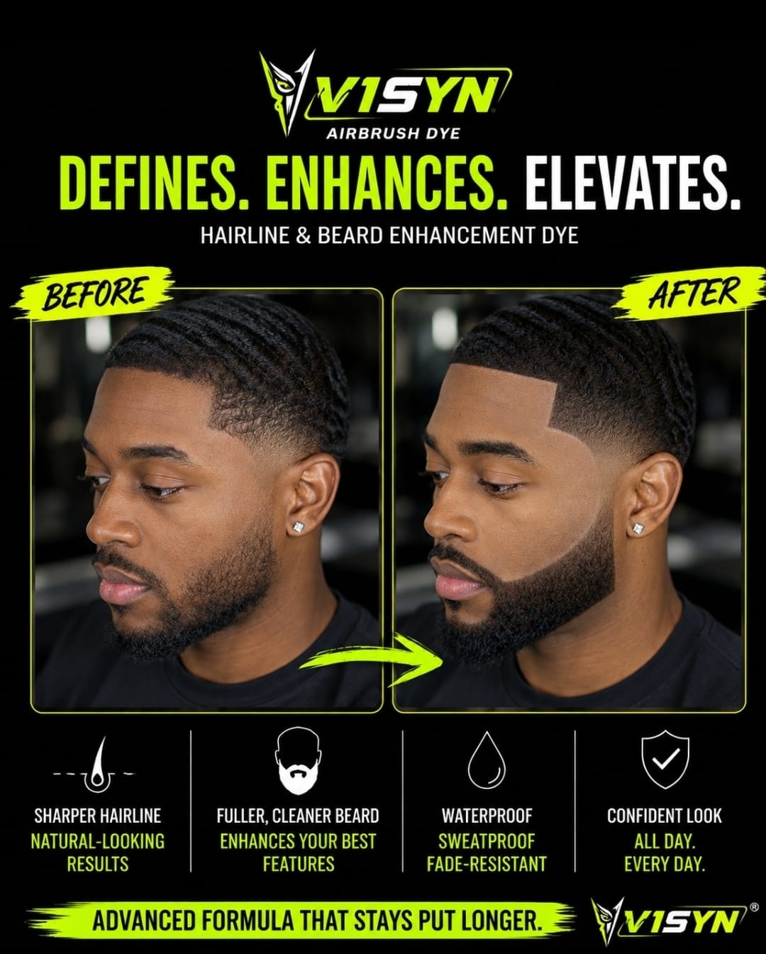 V1SYN hairline and beard enhancement dye before and after — barber airbrush dye results on hairline and beard