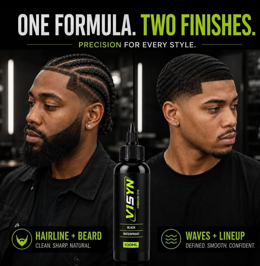 V1SYN hairline and beard enhancement dye — professional barber airbrush dye, defines, enhances, elevates